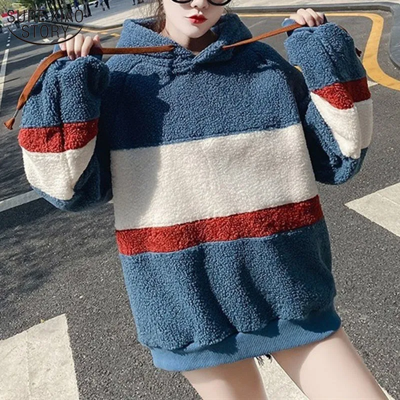 الكورية المرأة طويلة الأكمام الربط فضفاض هوديي أزياء الخريف والشتاء سميكة المتضخم البلوز الشارع الشارع الشارع الشهير 11850 210508