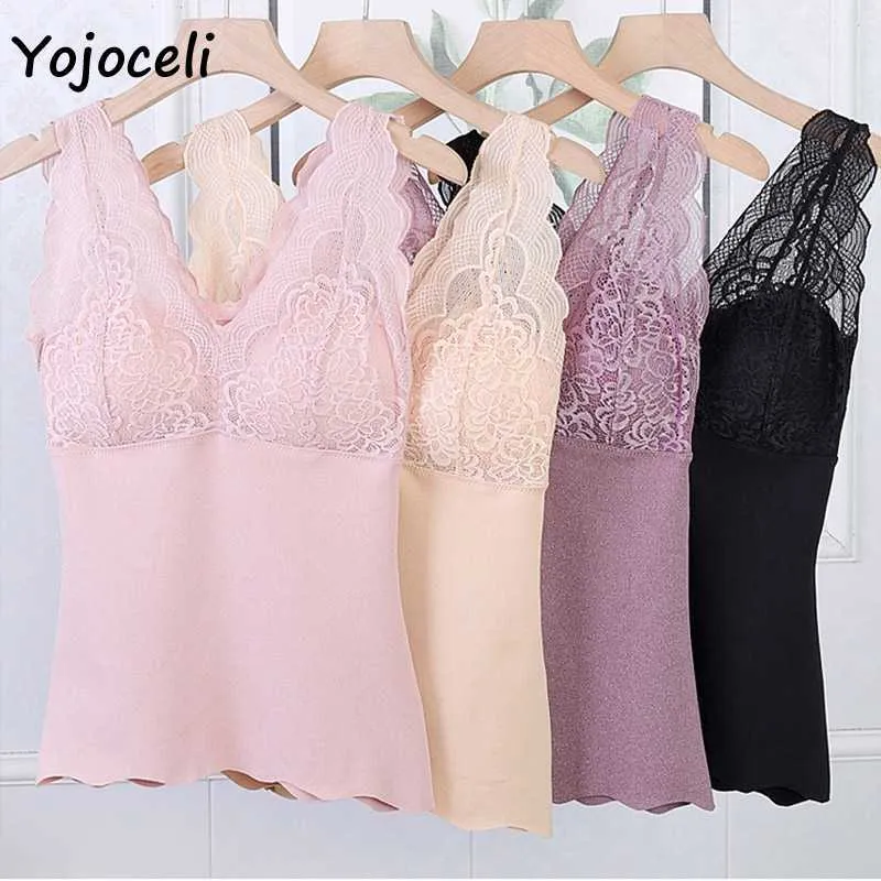 Yojoceli Lace Patchwork Cami Vinter Underkläder Grundläggande Velvet Cami T-tröja 210609