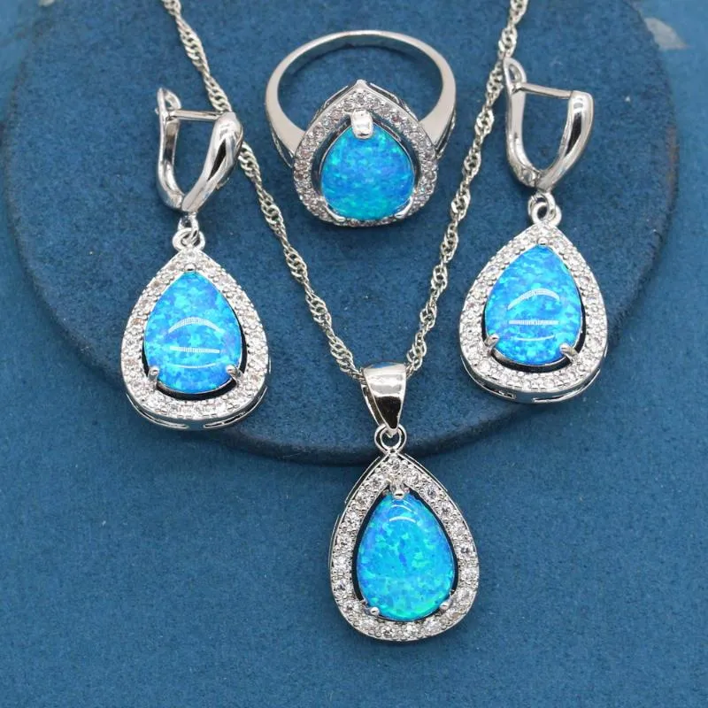 Örhängen Halsband Vattendroppe Blå Opal Stones Silver Färg Smycken Satser För Kvinnor Lyxig Ring Party Presentförpackning