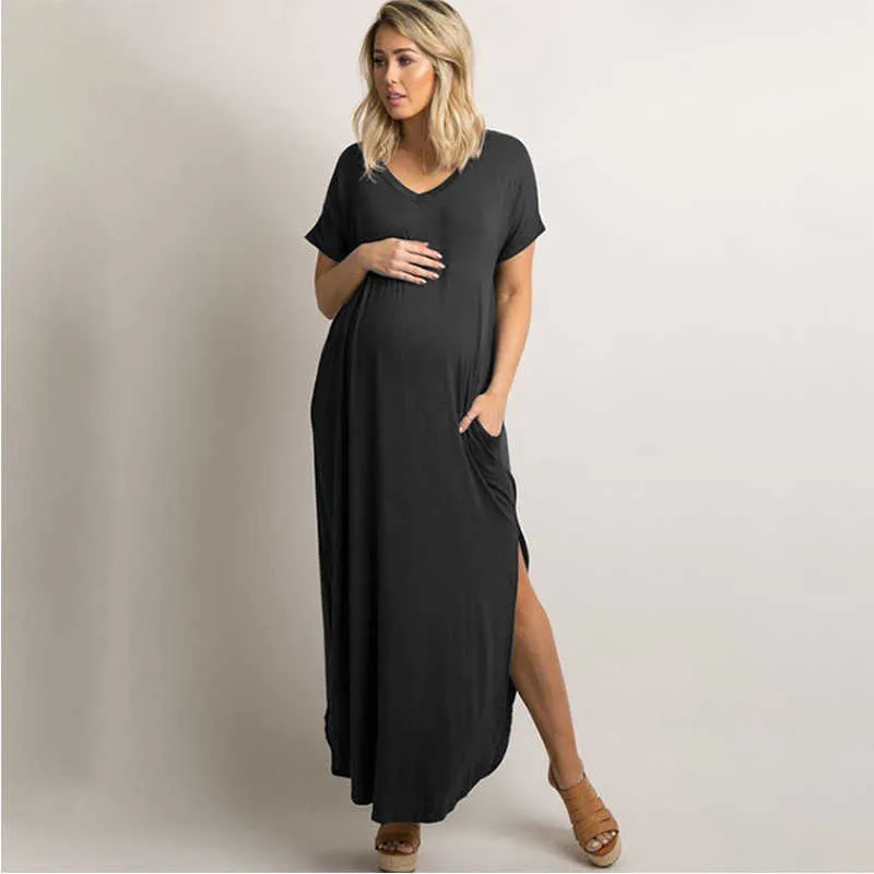 Vestido casual para maternidade, verão, manga curta, roupas sólidas para mulheres grávidas, decote em v, vestidos soltos para gravidez