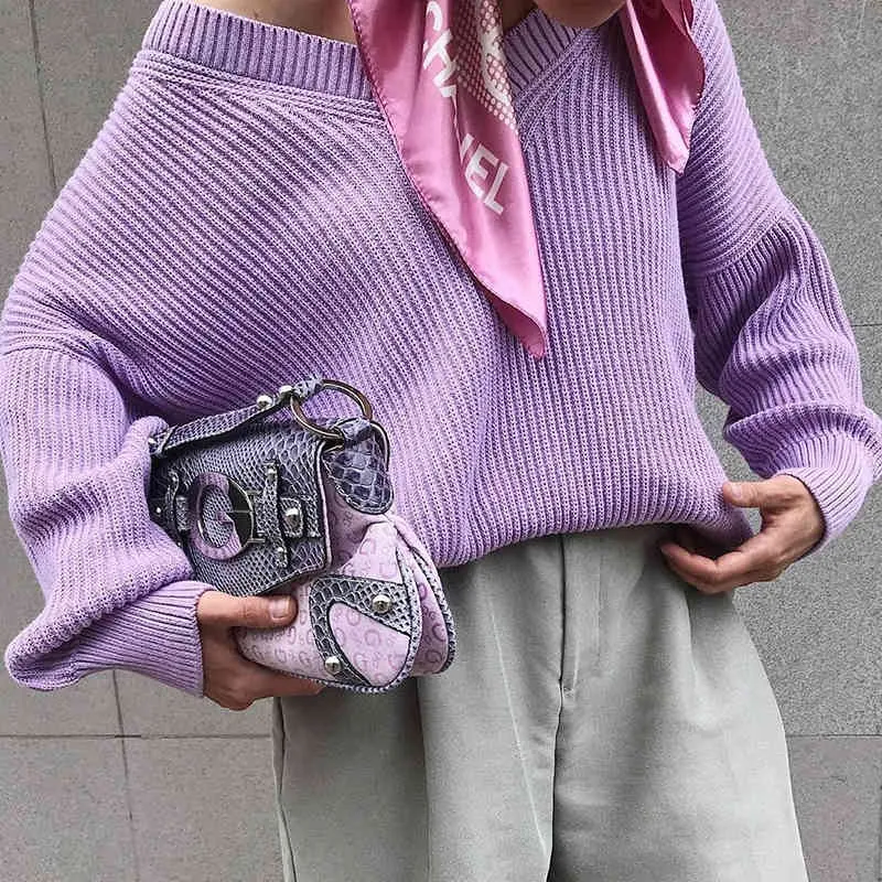 knitted oversized purple sweater pullovers women v neck streetstyle casual autumn winter sweater tops batwing sleeve 210415