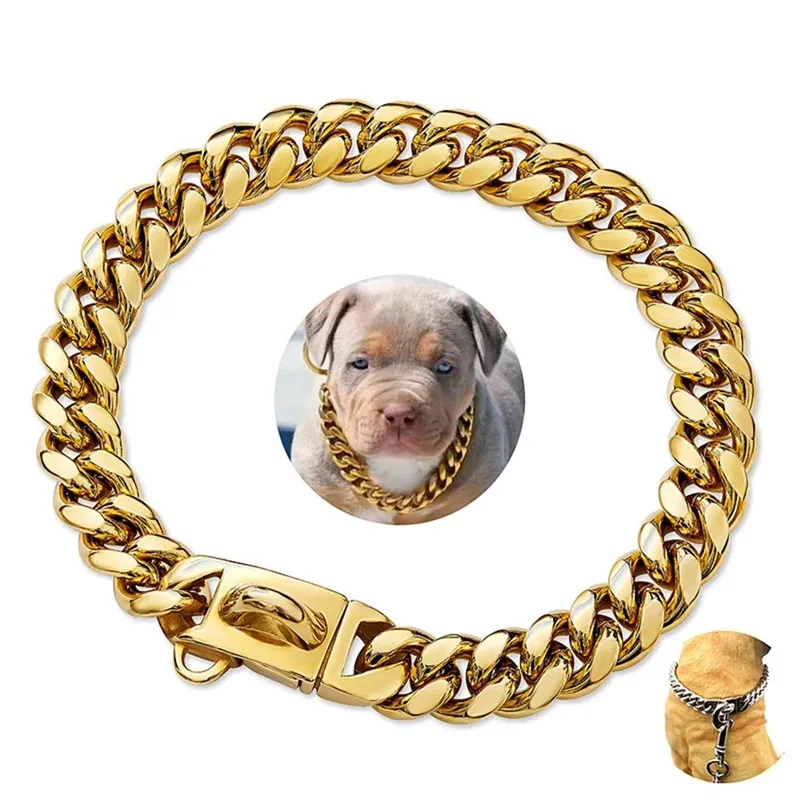 Cubaanse stijl halsbanden roestvrijstalen honden gesp kraag 14mm gouden zilveren huisdier ketting ketting