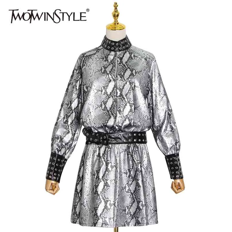 Streetwear Printed Women Dress Stand Collar Long Sleeve Hollow Out Casual Dresses Female Fashion Clothing 210520