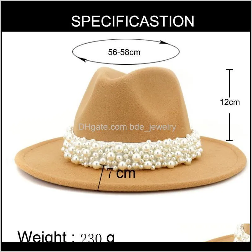 fashion women wide brim wool fedora hats for men leather pearl ribbon felt hat winter panama trilby formal party cap 58-60cm