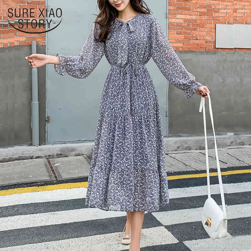 Vintage Mid-Long Dress Women Fashion Floral Print Elastic High Waist Long Flare Sleeve Casual Elegant Klänningar Vestidos 8308 50 210417