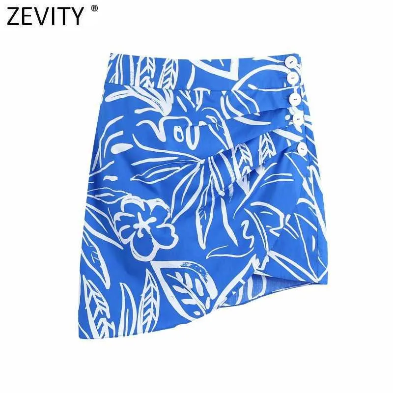 Zevity Femmes Vintage Plis Conception Imprimé Floral Ourlet Jupe Irrégulière Faldas Mujer Femme Fermeture Éclair Latérale Boutons Mini Vestidos QUN791 210603