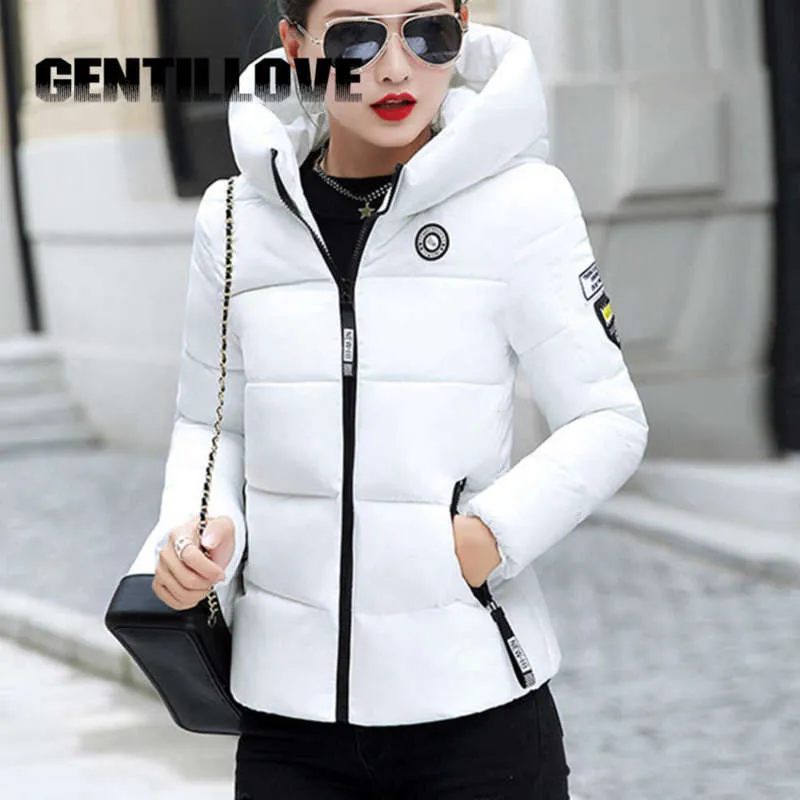 Gentillove Vinterparkas Kvinnor Coat Jacket Hooded Tjock Varm Korta Ytterkläder Kvinna Slim Bomull Polded Basic Tops Outwear 210927