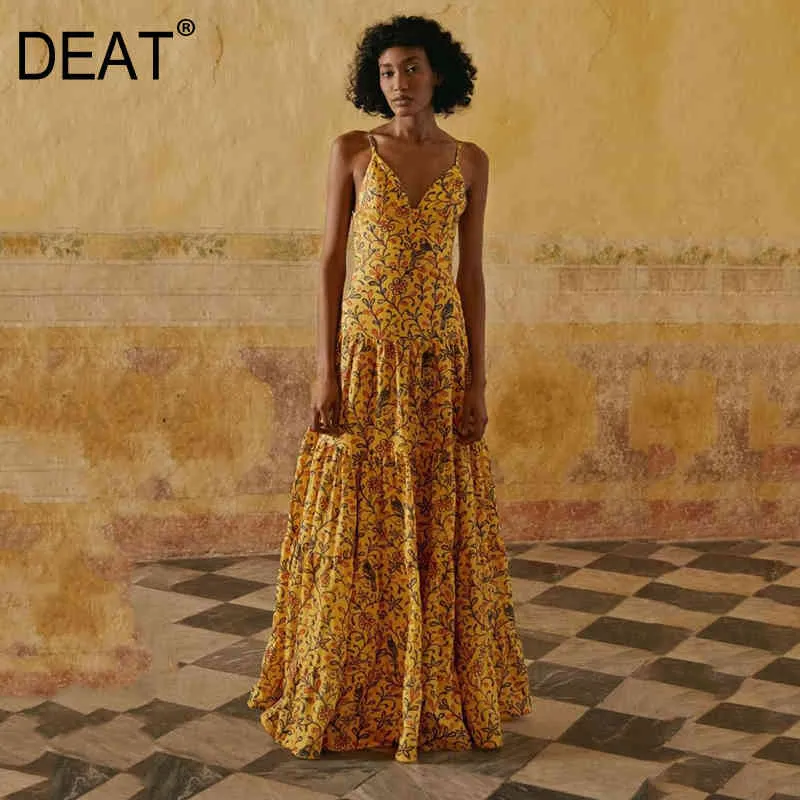 Women Color Yellow Printing Sling Sexy Dress Strapless Sleeveless Loose Get-together Fashion Tide Summer 7D00797 210421