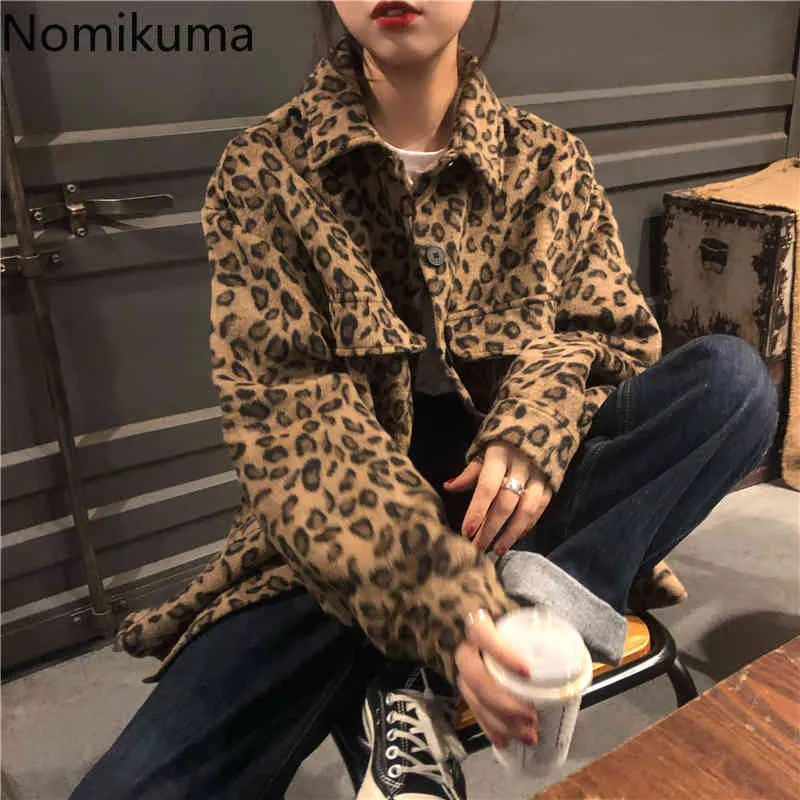 Nomikuma high street leopard tröjor kvinnor singel breasted långärmad avslappnad vintage koreanska chic blus varma lösa toppar blusa 210514