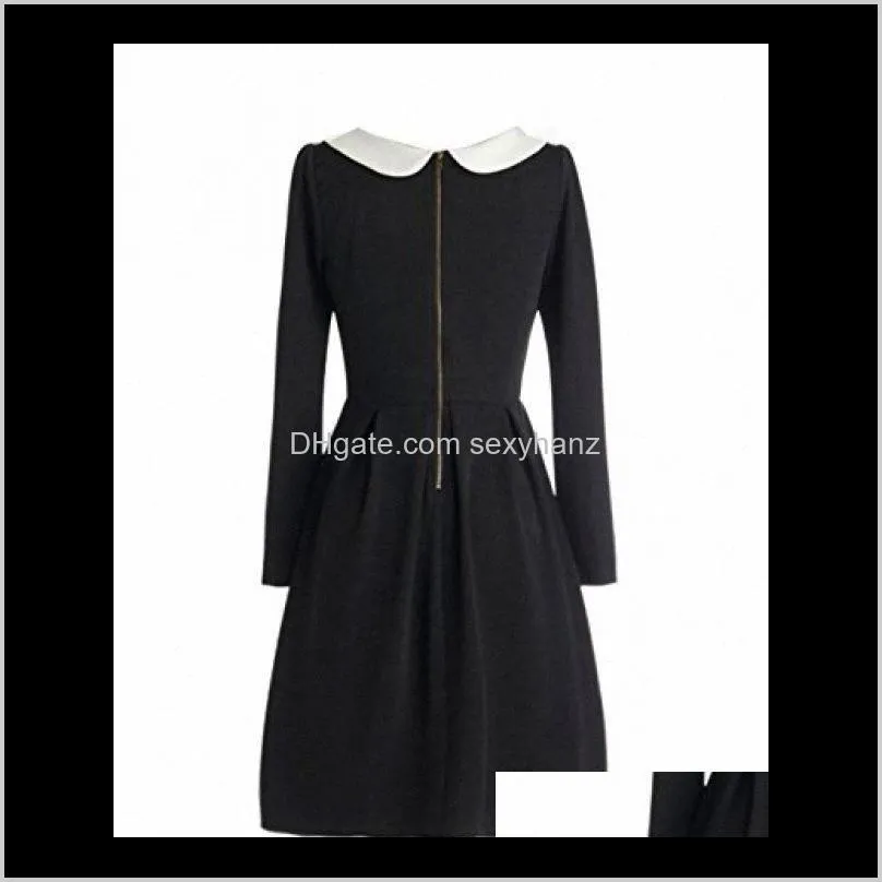 Casual Sukienki Odzież Odzież Drop Dostawa 2021 Haoduoyi Damska Lalka Kołnierz Vintage Zipper Powrót Długi Rękaw A-Line Lolita Dress S2P2 # KU9P