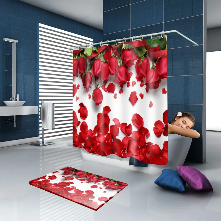Douchegordijnen buerfly / rode roos 3D waterdichte badkamer polyester gordijn aangepast