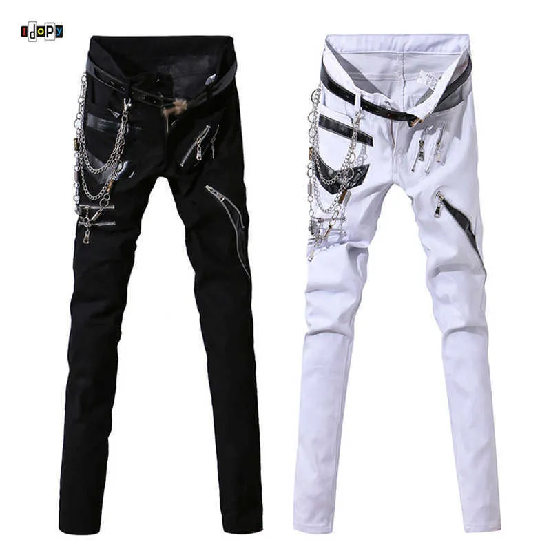 Idopy Uomo Hip Hop Jeans con catena Patchwork Punk Gothic Party Stage Multi Cerniere Pantaloni Performance in pelle per uomo 210622