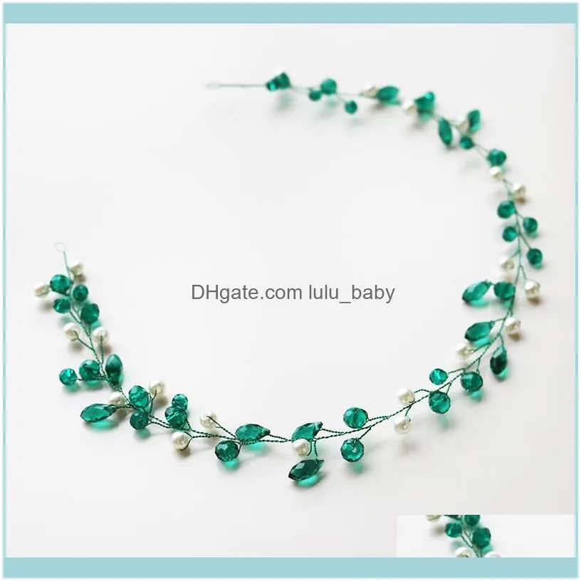 Green Color Crystal Vine Women Headbands Pearl Handmade Wedding Hair Jewelry Accessories Long Bridal Head Decoration Tiara