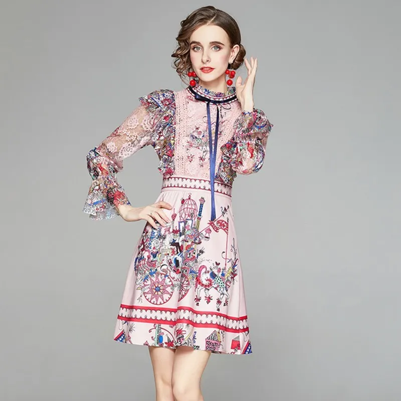 Women's Summer Pink Long Sleeve Lace Patchwork Shredded Floral Printing Temperament Slim Mini Dresses 210514