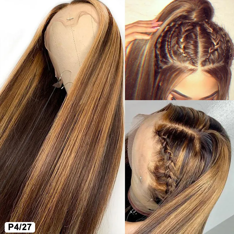 Perruque Lace Front Wig brésilienne Remy, cheveux naturels lisses, 13x4, à reflets blonds, densité 180, 176s, pour femmes