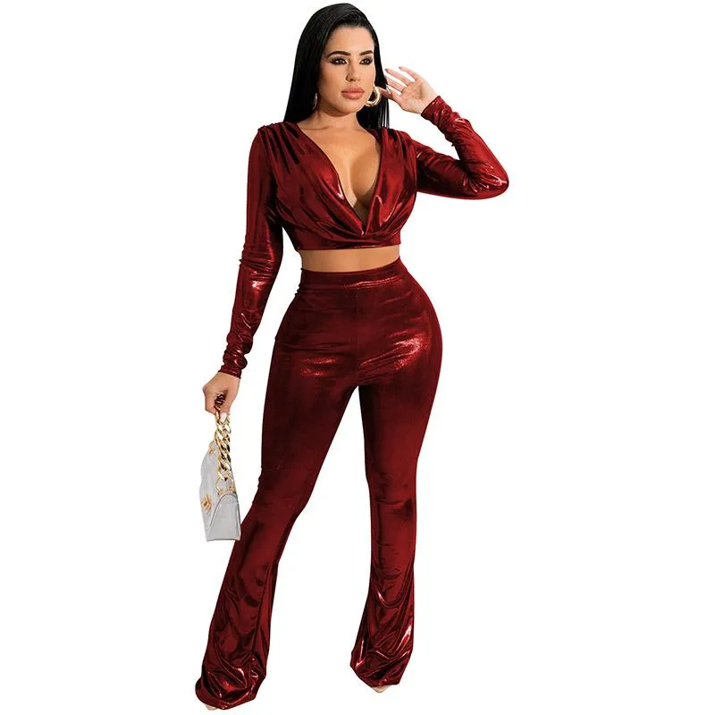 Women's Two Piece Pants Woman Sexy Low Chest Pile Collar Long Sleeve Crop Top Flare Bright Leather Matching 2 Set Party Club Outfits