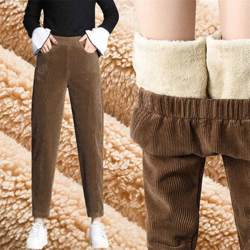 Printemps automne hiver velours côtelé sarouel femmes mode épaississement décontracté coréen ample taille haute pantalon grande taille 211115