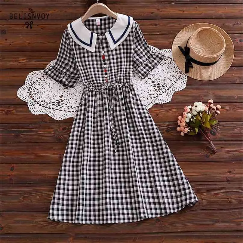 Style Preppy japonais été femmes Robe à carreaux broderie col claudine femme Robe Vintage élégant coton mignon 210520