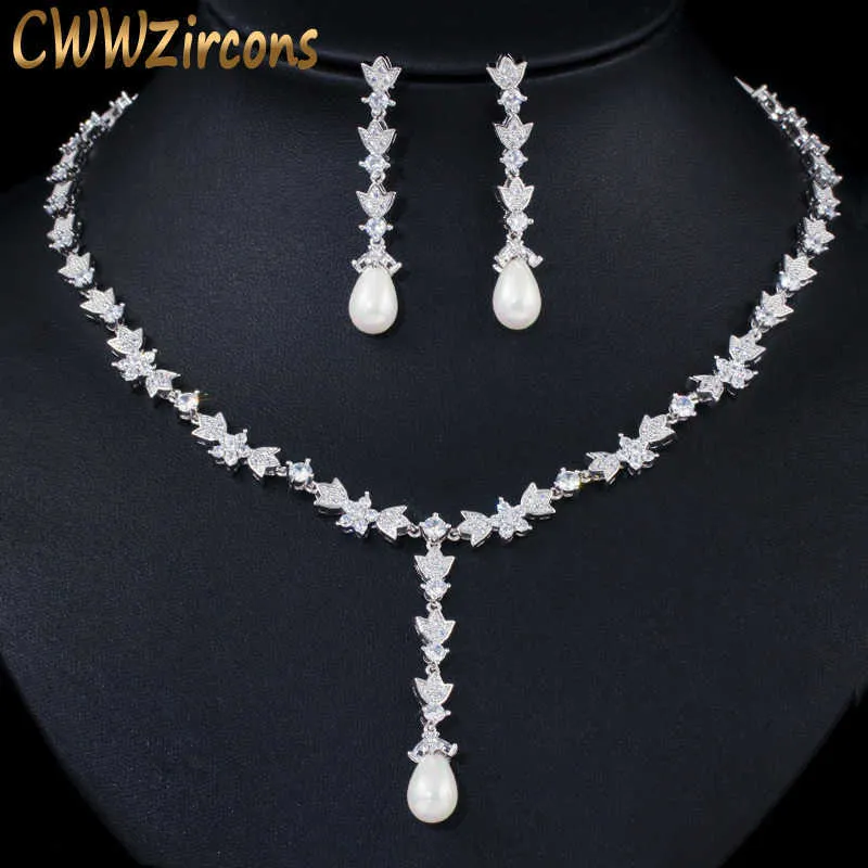 CWWZircons Gorgeous Cubic Zirconia Stone Pave Women Wedding Bankett Long Pearl Necklace och Örhängen Brud Smycken Satser T368 H1022