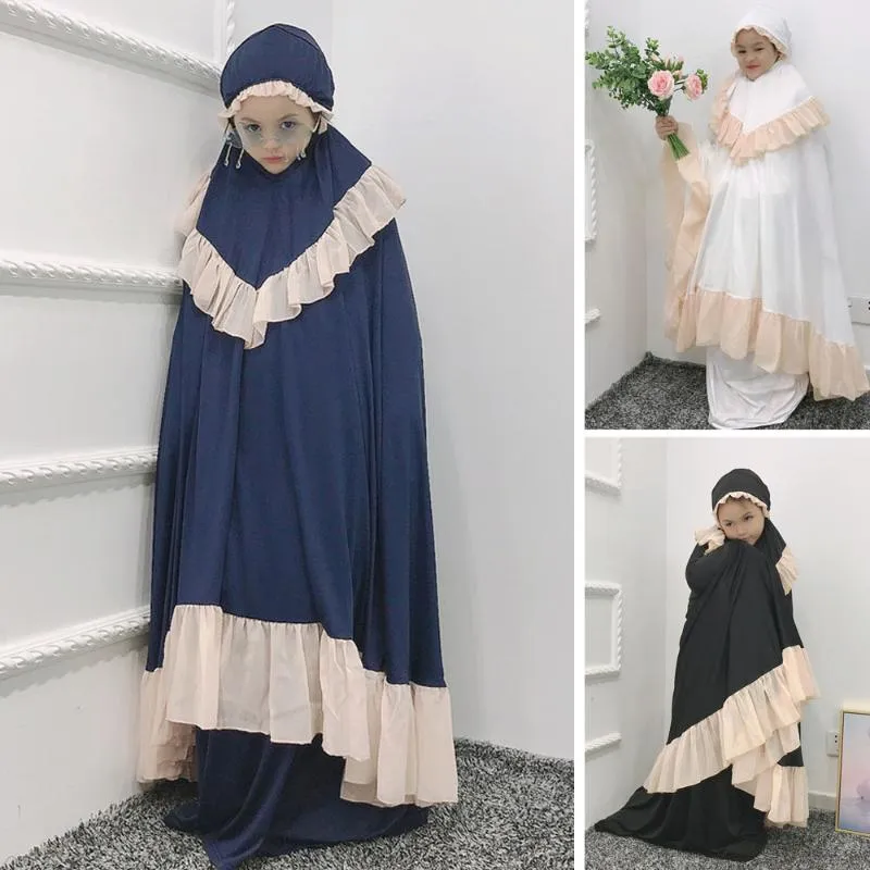 Ethnic Clothing Muslim Kids Girls Prayer Hijab Skirts Abaya Robe Arab Dubai Children Ramadan Kaftan Headscarf 2pcs Islamic Eid Party Gown Ji