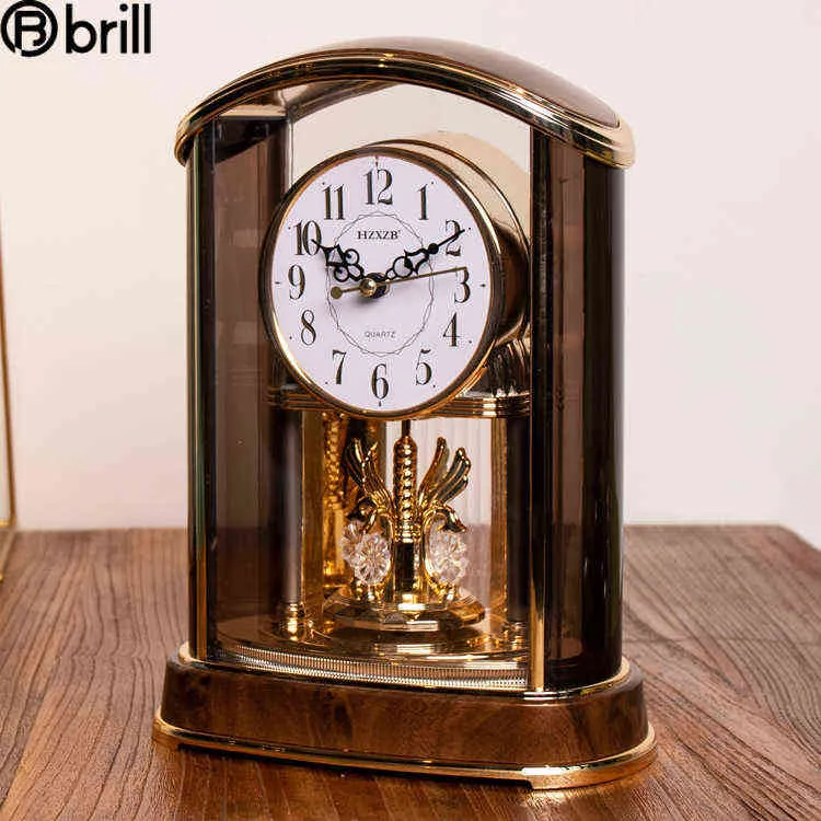 Vintage Desk Clock Antique Table Classic Flip Clock Alarm Wood European Retro Decoration Living Room Luxury Office Desk Modern 211112