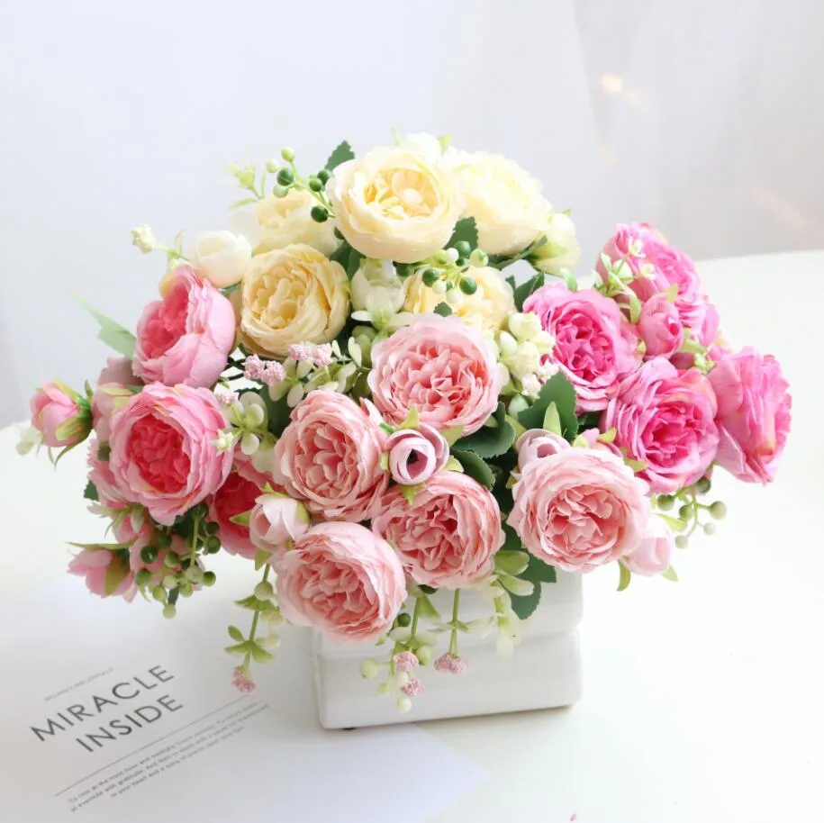 Bouquet di fiori artificiali di peonia di seta rosa rosa da 30 cm 5 fiori a  testa grande per la decorazione domestica di nozze per interni