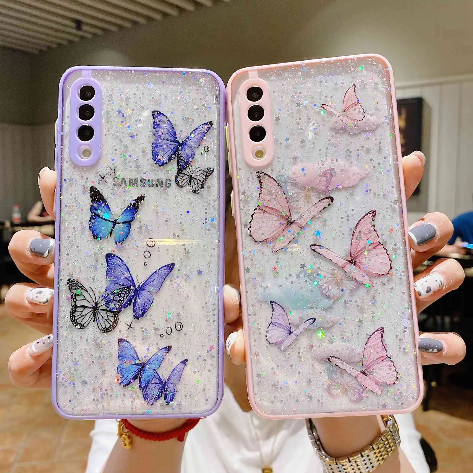 Cute Butterfly Glitter Clear Cases For Samsung Galaxy A52 A72 A12 A32 A51 A50 A71 A21S S21 Ultra S20 FE Shockproof Silicone Cover