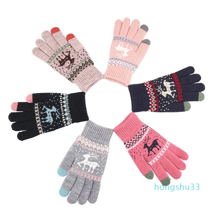 Fem fingrar handskar vinterkvinnor cashmere-liknande fullfinger plus sammet förtjockning Iware pekskärm håller varm kvinnlig älg stickning
