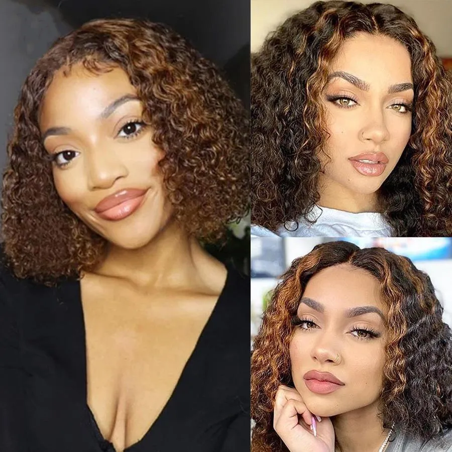 Highlighted Deep Wave Wig Ombre Brown Transparent Lace Frontal Synthetic Kinky Curly Wigs 250 Density Simulation Human Hair