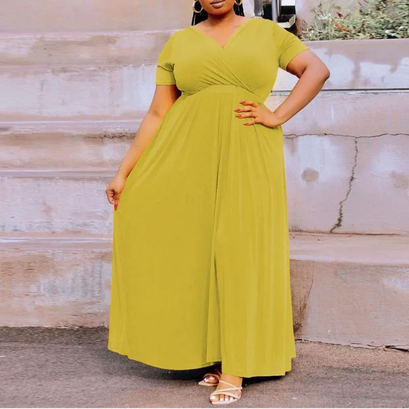 Casual Dresses Plus Size African Womens Yellow Solid High midje golvlängd V Neck 2021 Summer Long Dress Big Wholesale
