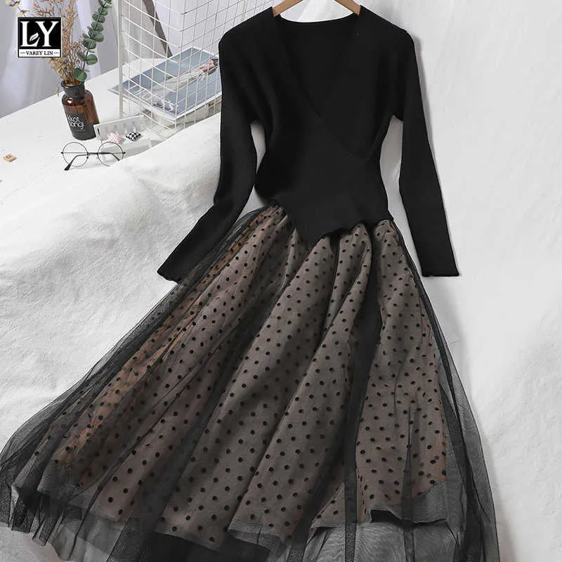 Ly Varey Lin 가을 여성 니트 Tulle 패치 워크 드레스 우아한 긴 소매 폴카 도트 라인 블랙 슬림 210526