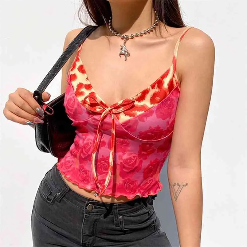 Rose Print Vintage Leopard Patché Y2K Summer Sexy Top avec fine sangle dos nu mode col en V sans manches Crop Cami Party 210510