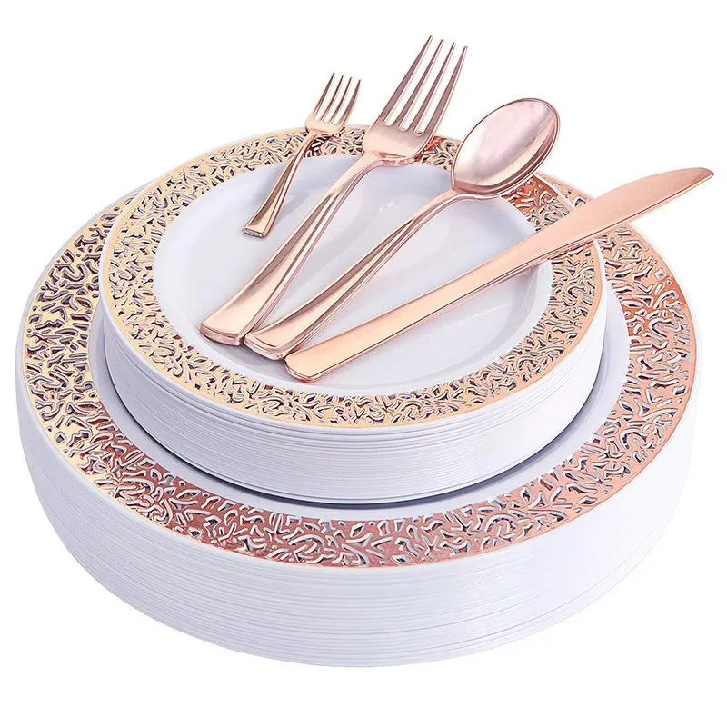 Piatti Piatti 25 pezzi Set di stoviglie in plastica usa e getta per feste di nozze in oro rosa Accessori da cucina per la tavola con design in pizzo dorato rosa