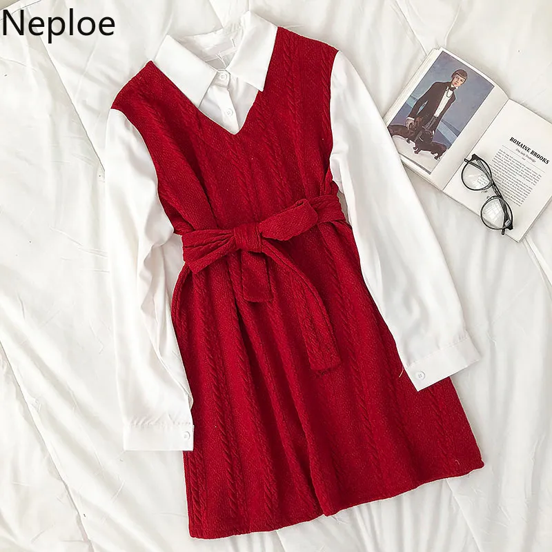 Neploe Patchwork Fake Two Woman Dress Colore a contrasto Vintage Moda coreana Abiti Lace Up Vita sottile Mini abiti Donna 4H369 210422