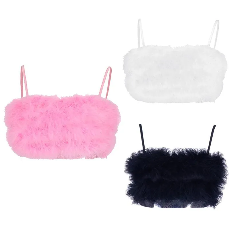 Femmes Sexy Plume Crop Top SleevelSolid Couleur Mini Camisole Fluffy Plush Night Party Clubwear BraletteVest X0507