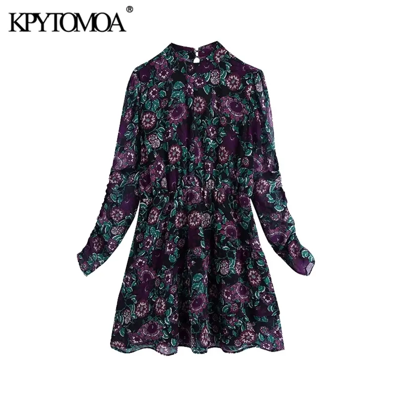 Kobiety Moda Floral Print Ruffled Mini Dress High Collar Elastyczny talia z podszewką sukienki żeńskie Mujer 210420