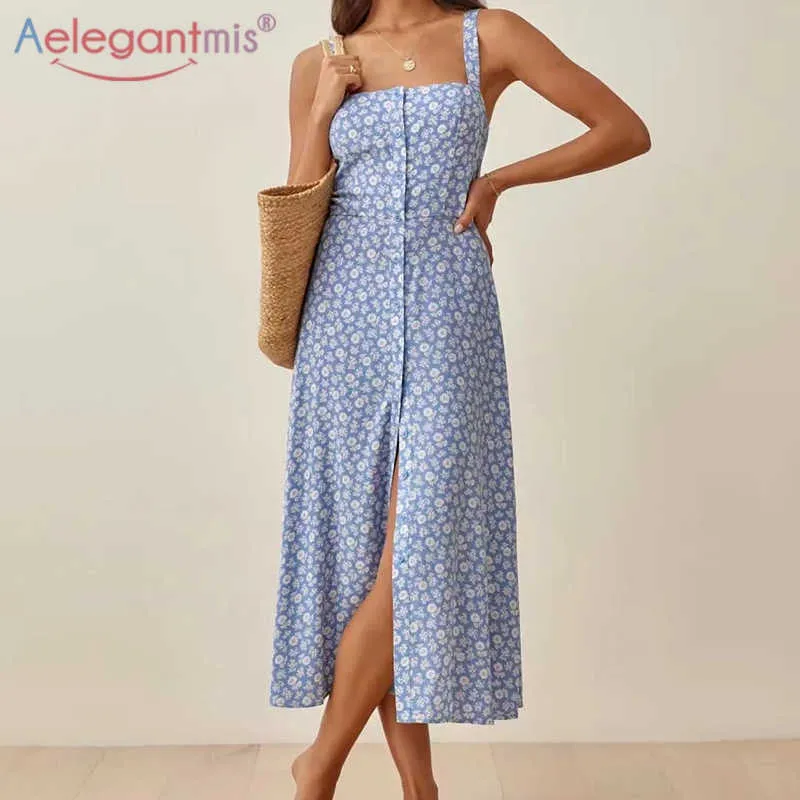 Aelegantmis Simple Bretelle Spaghetti Sangle Floral Split Robe Femmes Col Carré Sans Manches Longue Été Mince Sexy 210607