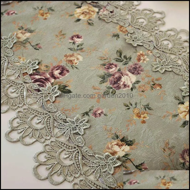 Table Flag flower Embroidered Green Top Elegant Europe Lace Pastoral Print Table Runner Home Decoration Runners Placemats HM384 220107