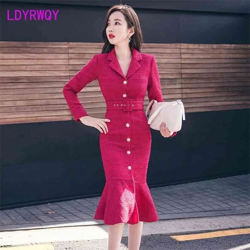 Dress women's autumn and winter slim red fishtail Office Lady Sheath Zippers Knee-Length 210416