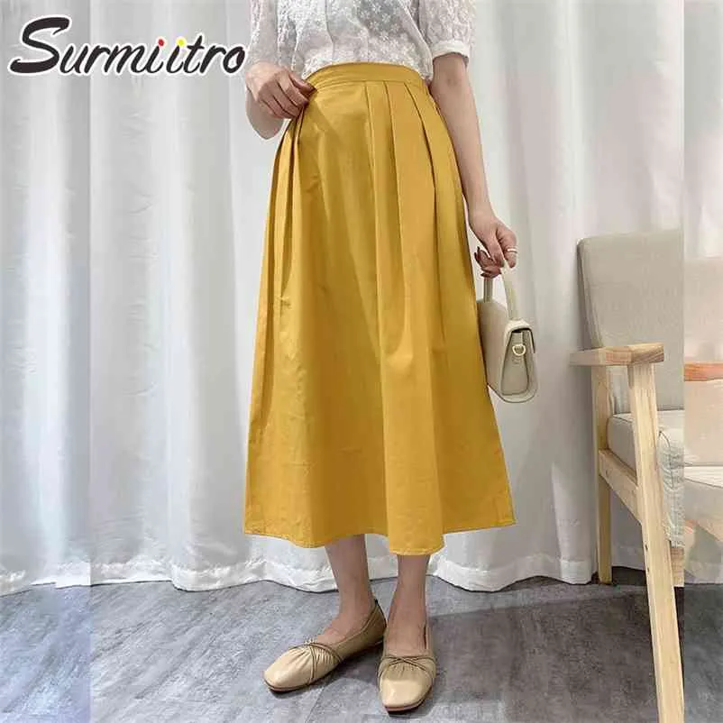 Super Quality Spring Summer Long Skirt Women Korean Style Yellow Aesthetic High Waist Midi Pleated Female 210421