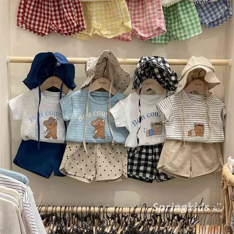 Korean style cartoon bear cute outfits for baby boys and girls infants cotton short sleeve Tee + shorts +cap 3pcs sets 210708