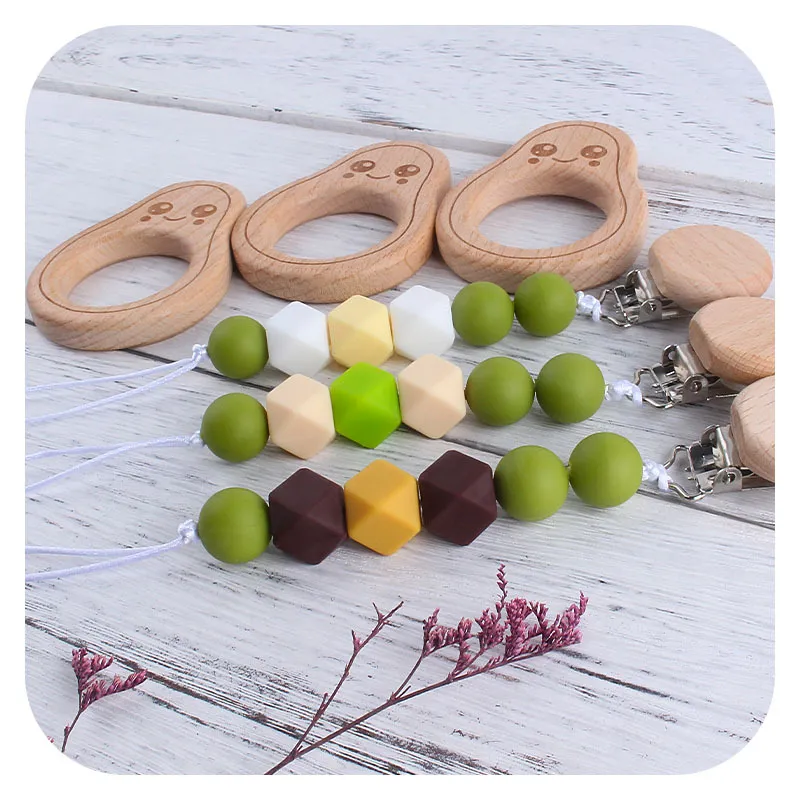 New 2pcs/set avocado Wooden Baby Teethers cartoon Natural teether silicone baby pacifier clips chain Infant Nipple Clip baby toys 193 B3