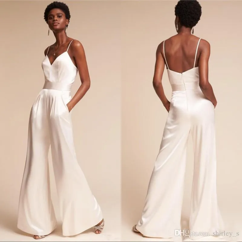 DHgate Elegant Satin Spaghetti Strap Jumpsuit Evening Dress with Pockets for Formal Events Wedding Party Events