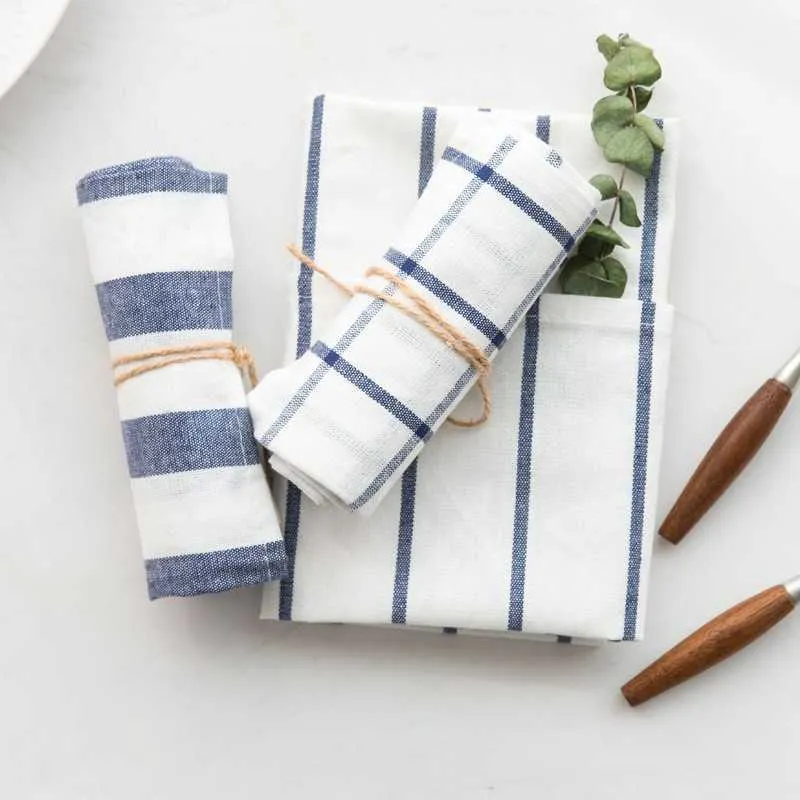 10 pièces de haute qualité bleu blanc carreaux rayé thé serviette de cuisine serviette nappe 100% coton fil colorant tissu expédition