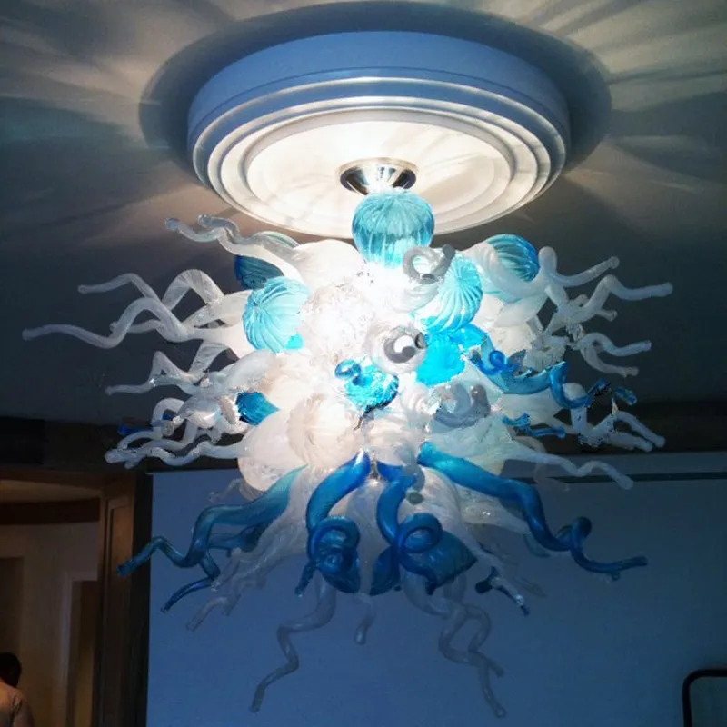 Luces de techo de lujo LED Bola de cristal Lámpara colgante Lámpara de araña soplada a mano Iluminación Azul Blanco Vestíbulo Loft Lámpara de cúpula Arte moderno Decoración Lustre 28 por 32 pulgadas