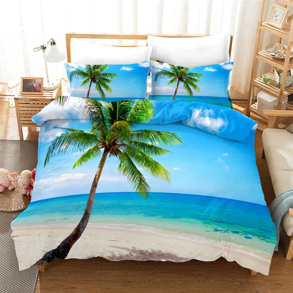 Blue Sea Beach 3D Duvet Cover Set Natural Scenery Print Bed Clothes Boys Twin Full Queen King Size Bed Cover Set Romantic Style 210706