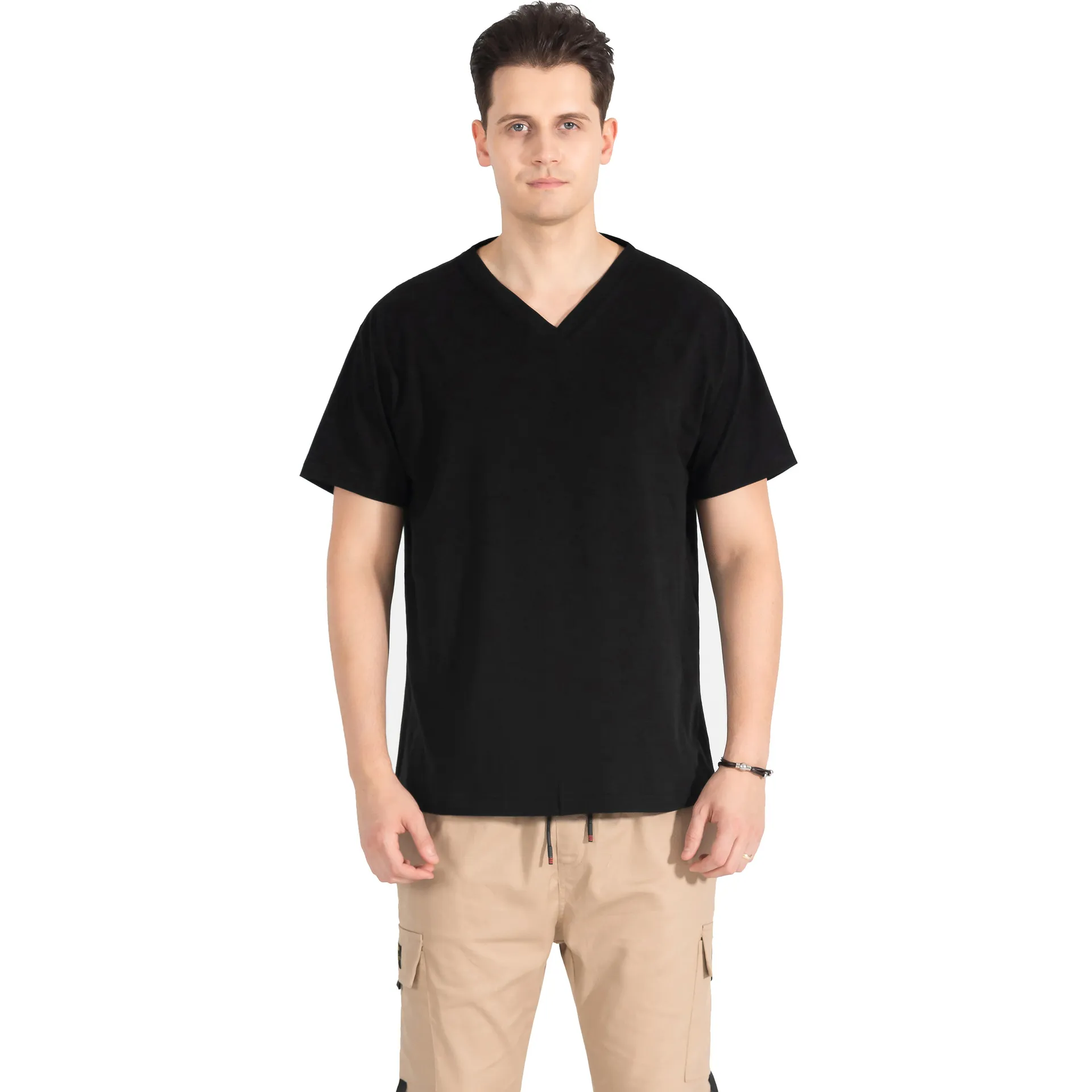 Men's T Shirt Pure Color Cotton Short Sleeved T-Shirt Male v Neck Tops Cotton Shirts