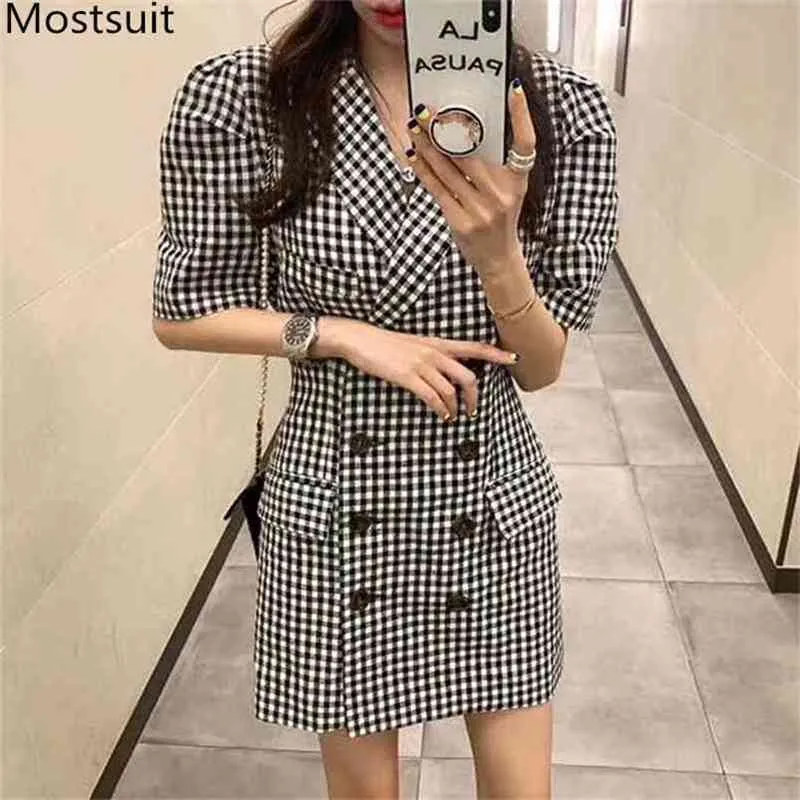 Koreanska Plaid Blazer Women Mini Dress Puff Sleeve Notched Collar Double-Breasted Fickor Klänningar Elegant Ladies Vestidos 210513