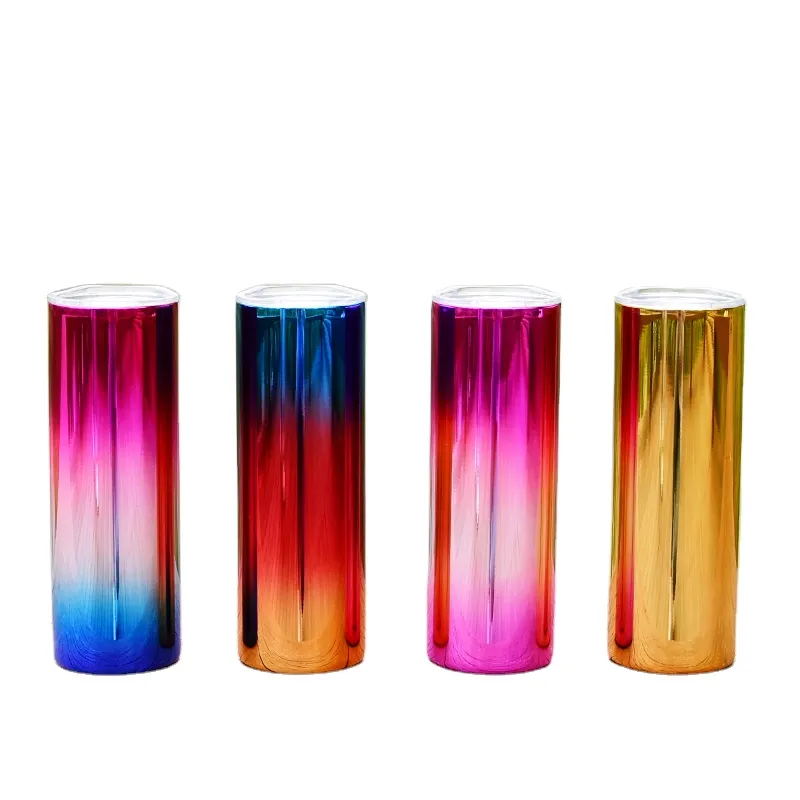 Geklakte kleuren 20oz rechte skinny tumblers met stro deksel roestvrij staal dubbele muur geïsoleerde regenboog iriserende koffiemok kleurrijke waterflessen DIY