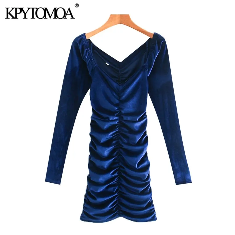 Kvinnor Chic Fashion Pleated Velvet Mini Dress Wide V Neck Långärmad Kvinna Klänningar Vestidos Mujer 210420